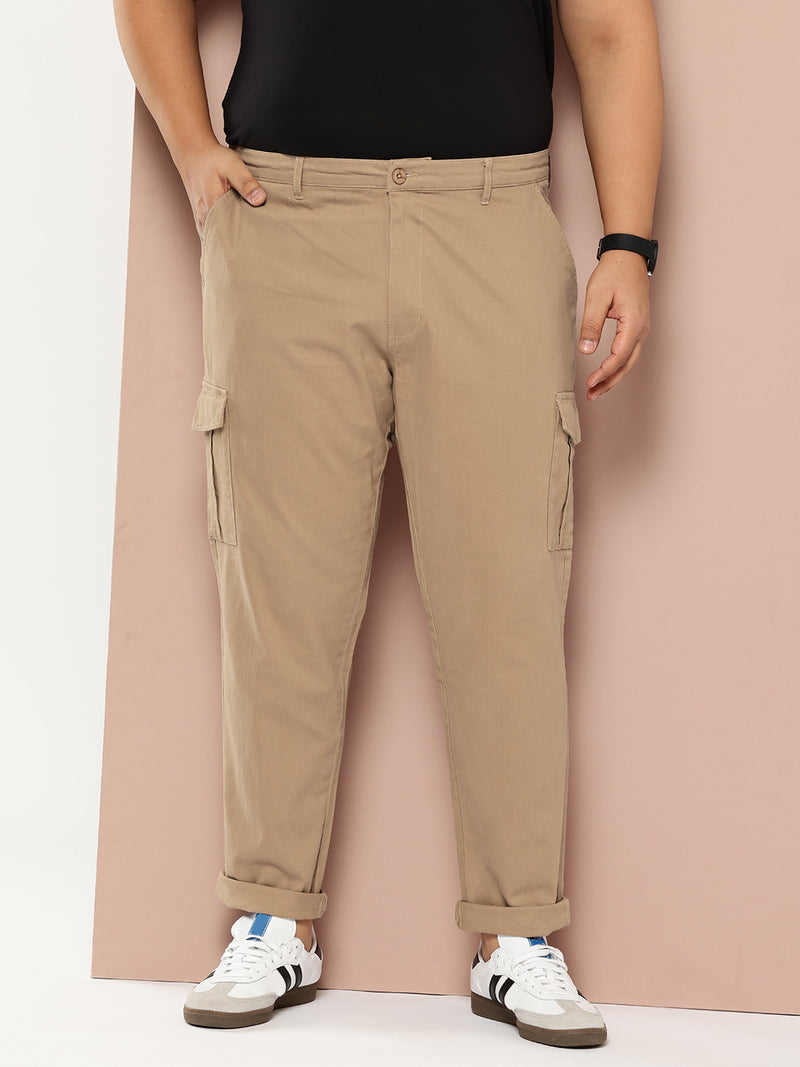 Thomas Scott Men Beige Cricket Club Plus Size Regular Fit Mid-Rise Solid Woven Cargo Trouser