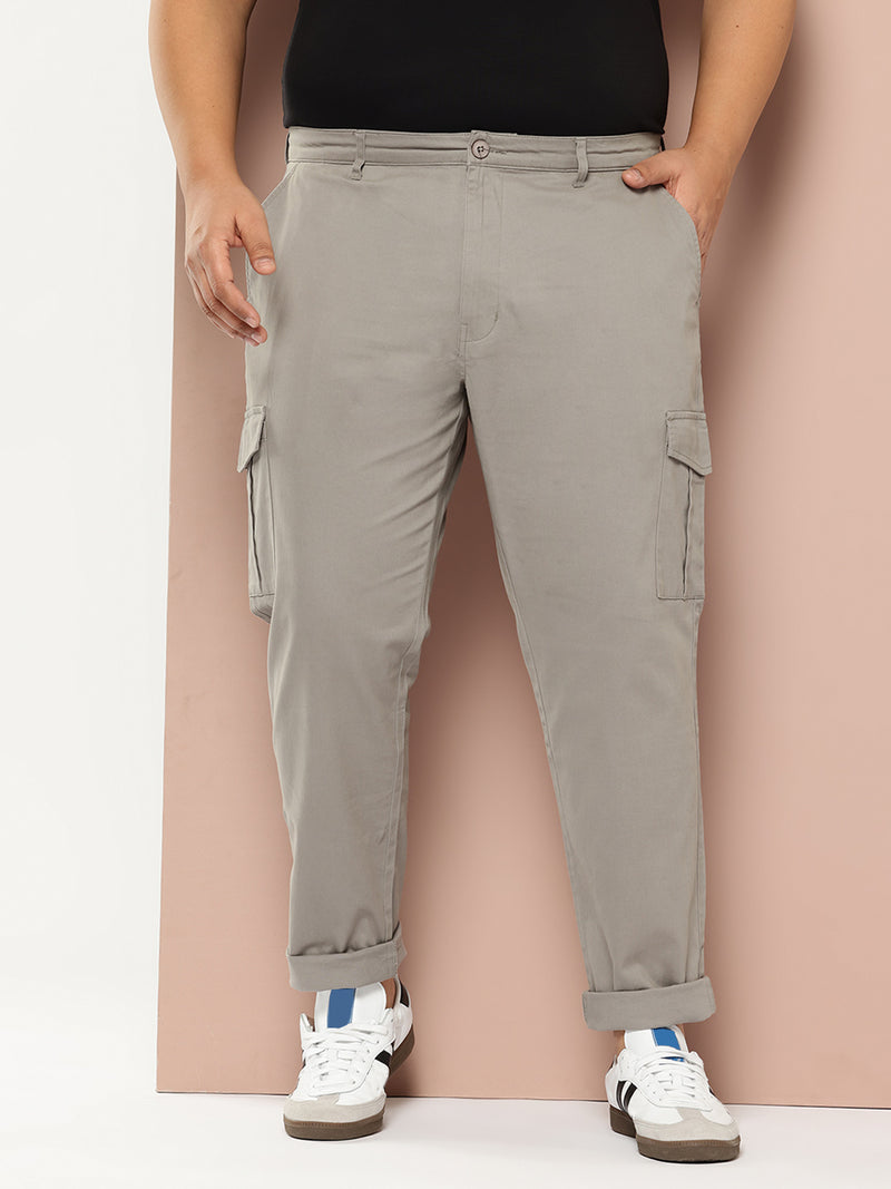 Thomas Scott Men Grey Cricket Club Plus Size Regular Fit Mid-Rise Solid Woven Cargo Trouser