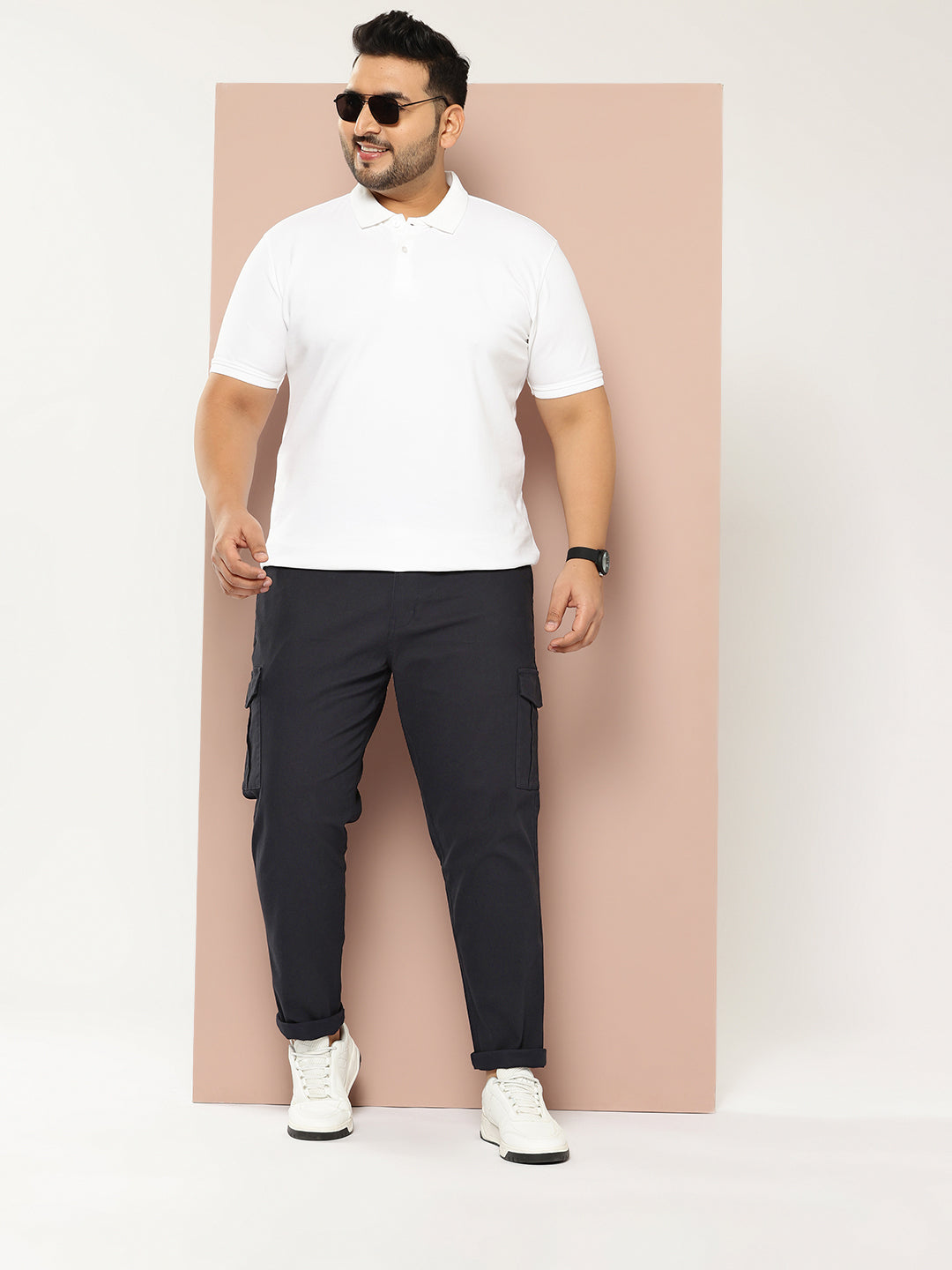 Thomas Scott Men Navy Cricket Club Plus Size Regular Fit Mid-Rise Solid Woven Cargo Trouser