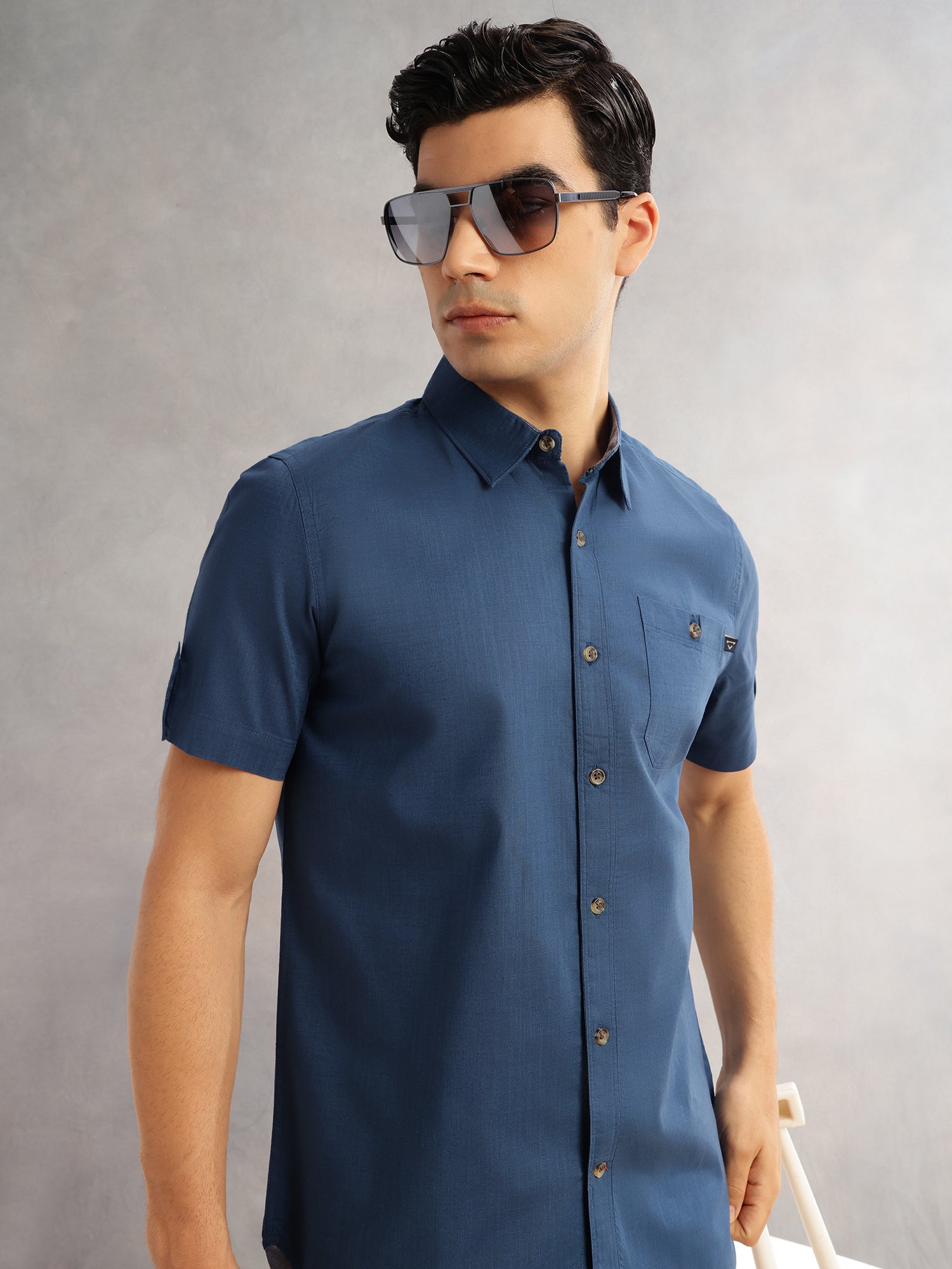 Thomas Scott Men Teal Regular Fit Short Sleeves Spread Collar 100% Cotton Casual Shirt