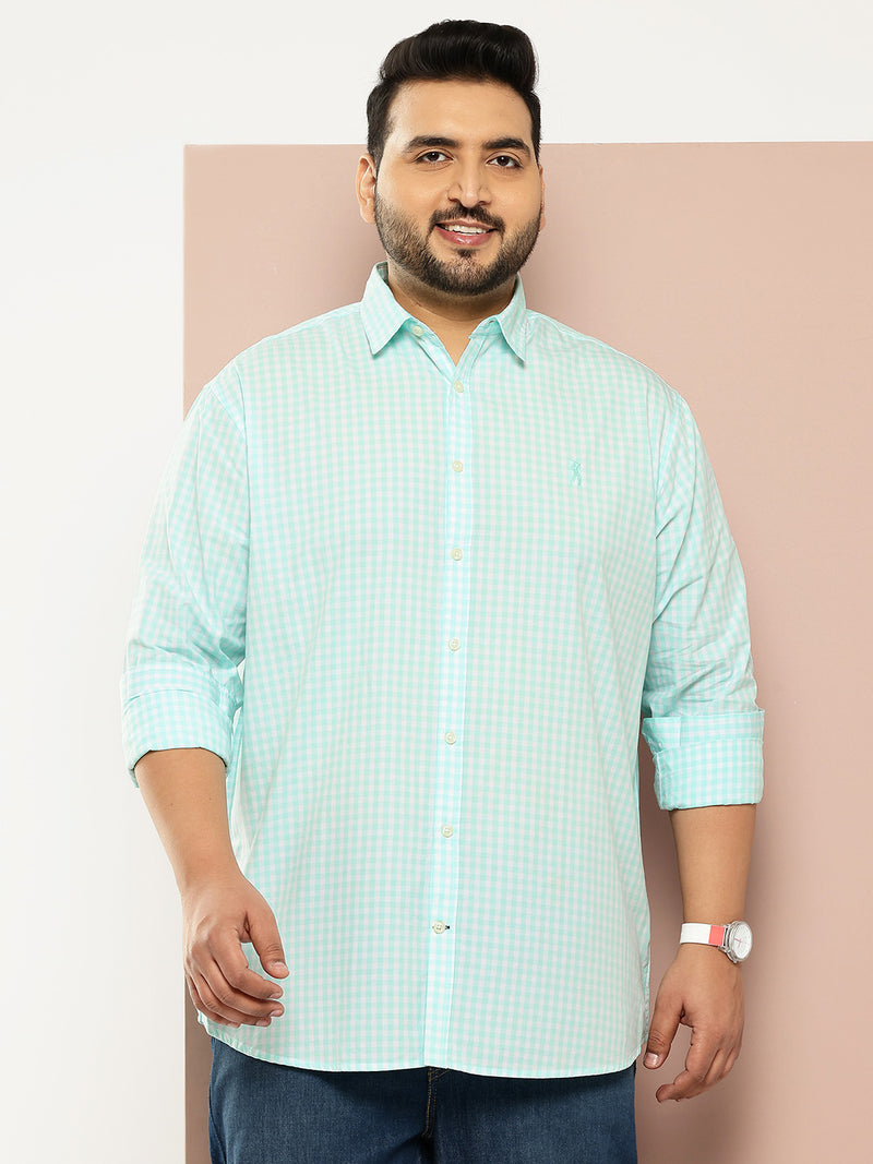 Thomas Scott Men Aqua Cricket Club Plus Size Regular Fit Long Sleeves Spread Collar Gingham Checks 100% Cotton Casual Shirt
