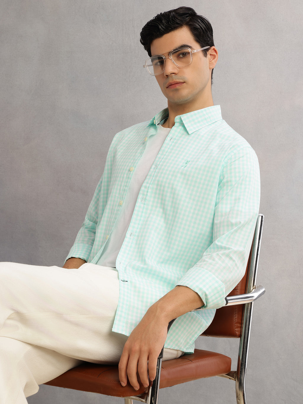 Thomas Scott Men Aqua Cricket Club Slim Fit Long Sleeves Spread Collar Gingham Checks 100% Cotton Casual Shirt