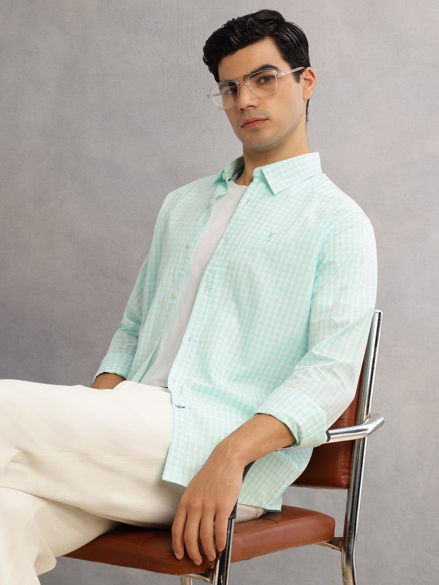 Thomas Scott Men Aqua Cricket Club Slim Fit Long Sleeves Spread Collar Gingham Checks 100% Cotton Casual Shirt