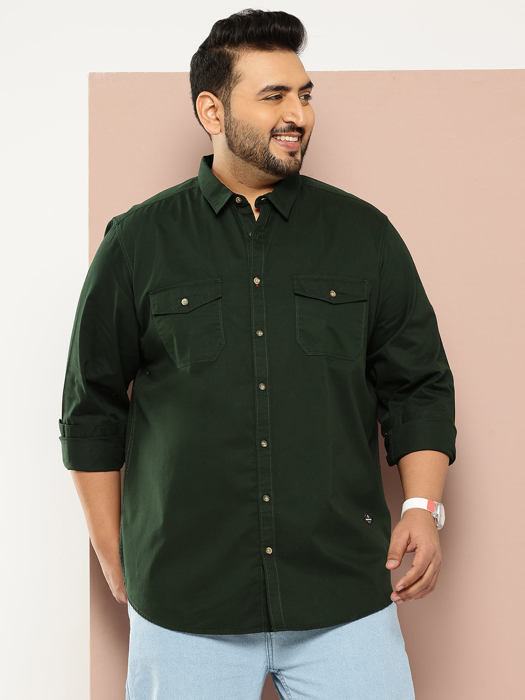 Thomas Scott Men Bottle Green Plus Size Long Sleeves Spread Collar Solid 100% Cotton Casual Shirt