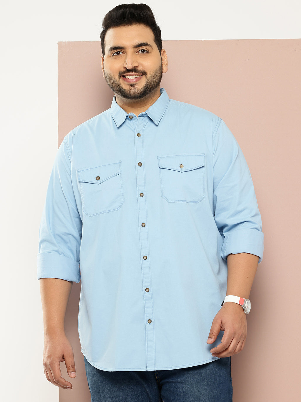 Thomas Scott Men Mid Blue Plus Size Long Sleeves Spread Collar Solid 100% Cotton Casual Shirt