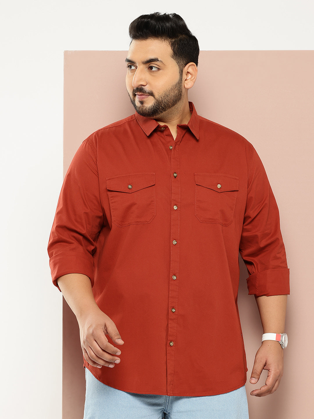 Thomas Scott Men Rust Plus Size Long Sleeves Spread Collar Solid 100% Cotton Casual Shirt