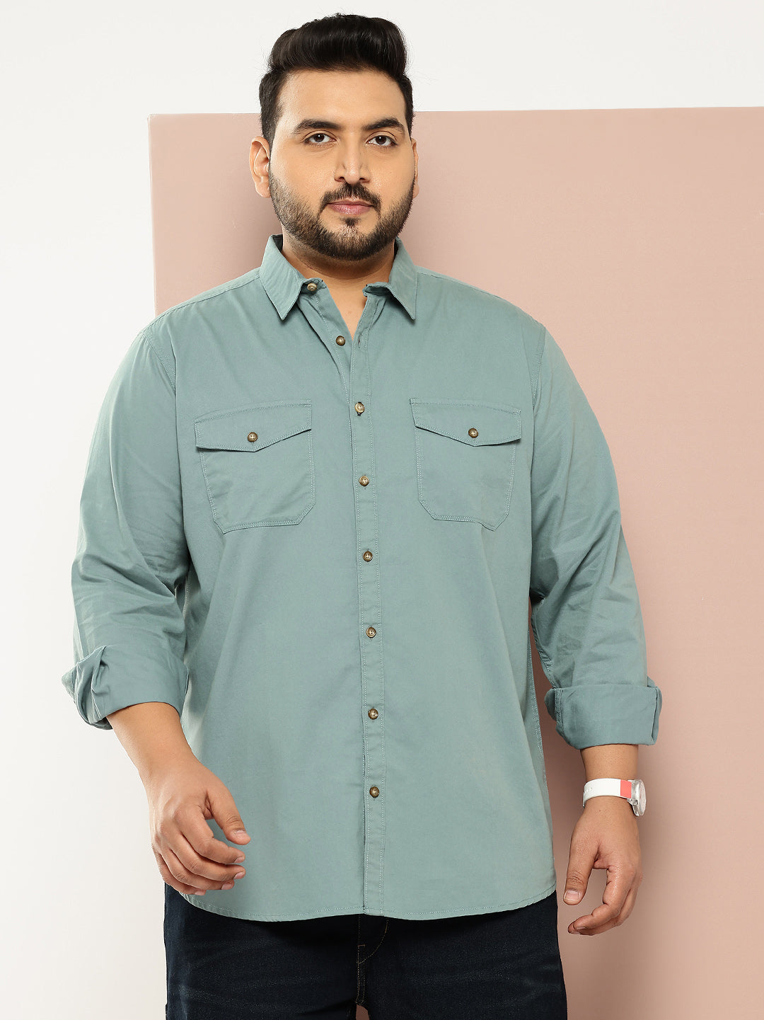 Thomas Scott Men Sea Green Plus Size Long Sleeves Spread Collar Solid 100% Cotton Casual Shirt