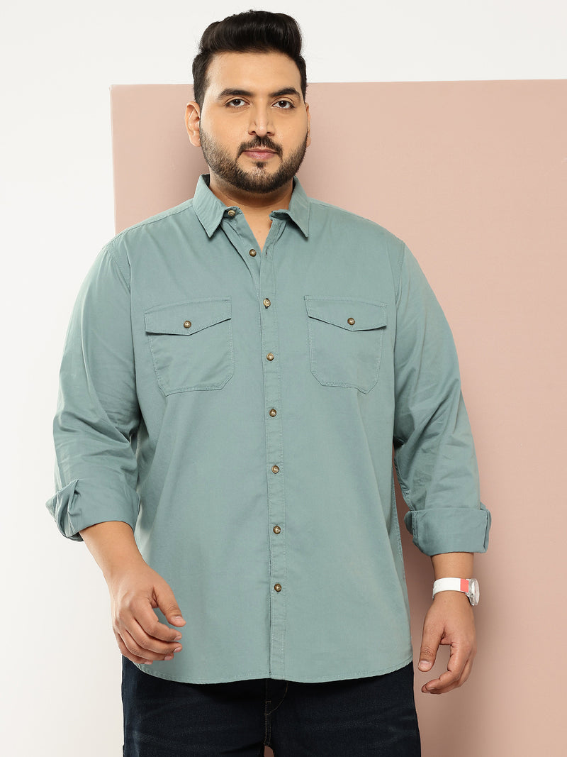 Thomas Scott Men Sea Green Plus Size Long Sleeves Spread Collar Solid 100% Cotton Casual Shirt