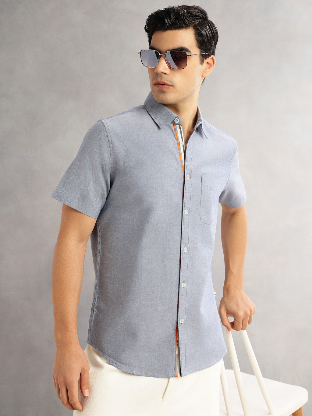 Thomas Scott Men Navy Cricket Club Slim Fit Short Sleeves Spread Collar Solid 100% Cotton Casual Shirt