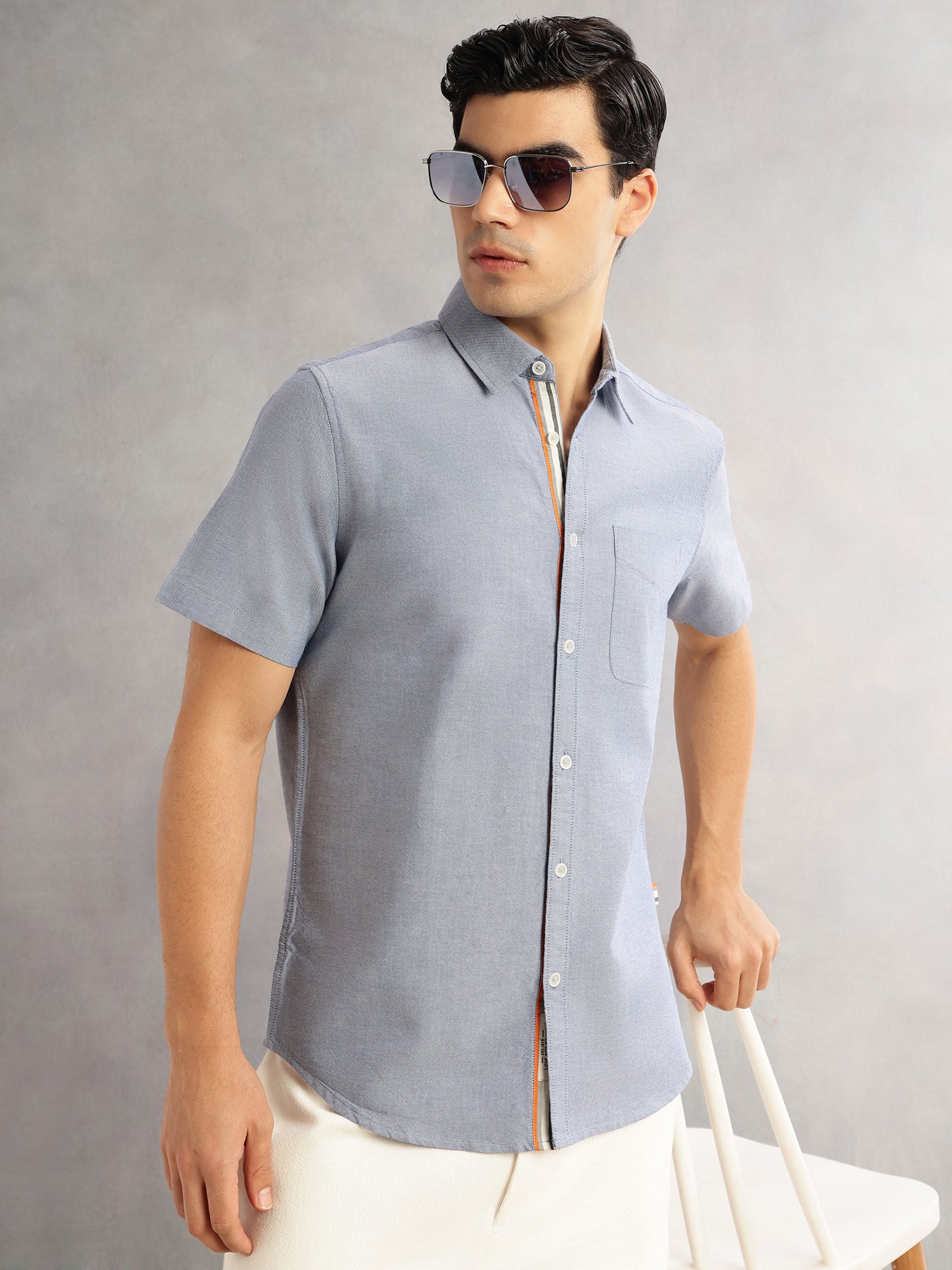Thomas Scott Men Navy Cricket Club Slim Fit Short Sleeves Spread Collar Solid 100% Cotton Casual Shirt