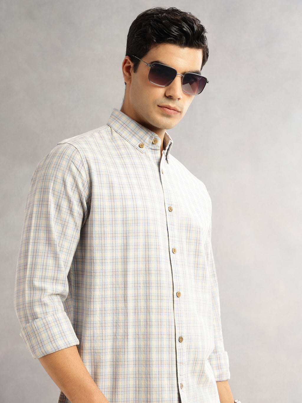 Thomas Scott Men Aqua Cricket Club Slim Fit Long Sleeves Button-Down Collar Tartan Checks Cotton Linen Casual Shirt