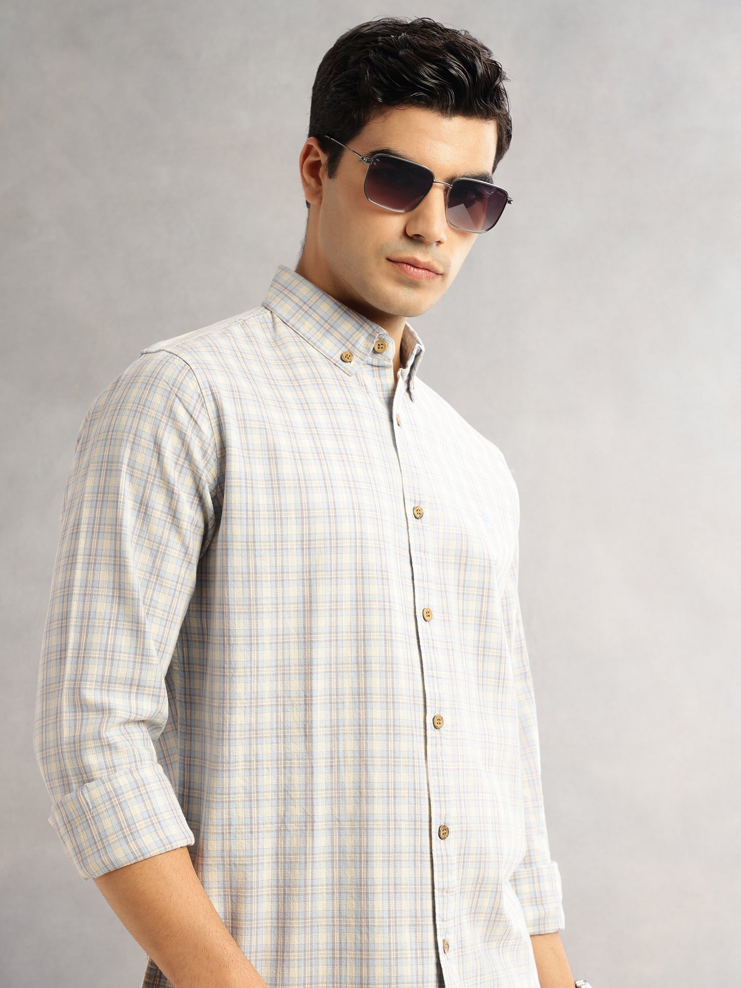 Thomas Scott Men Aqua Cricket Club Slim Fit Long Sleeves Button-Down Collar Tartan Checks Cotton Linen Casual Shirt