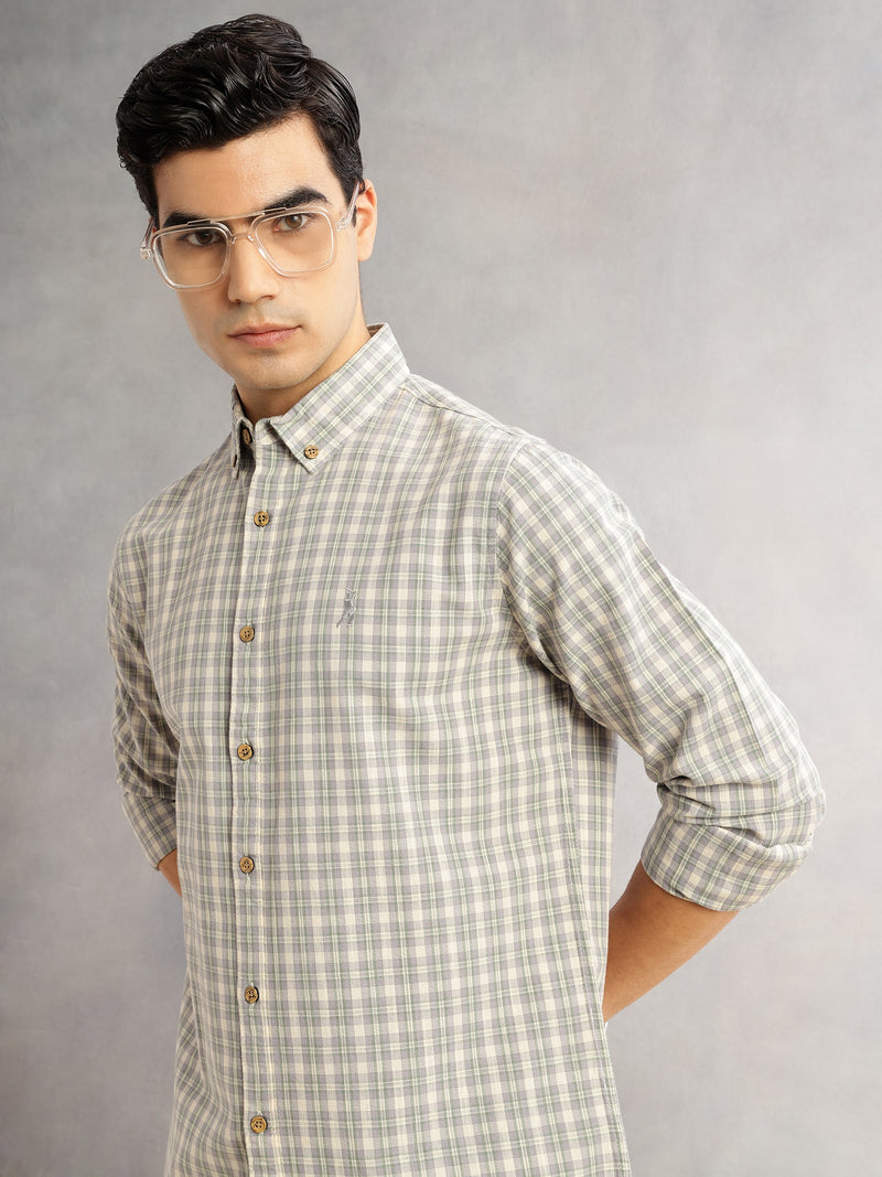 Thomas Scott Men Grey Cricket Club Slim Fit Long Sleeves Button-Down Collar Tartan Checks Cotton Linen Casual Shirt