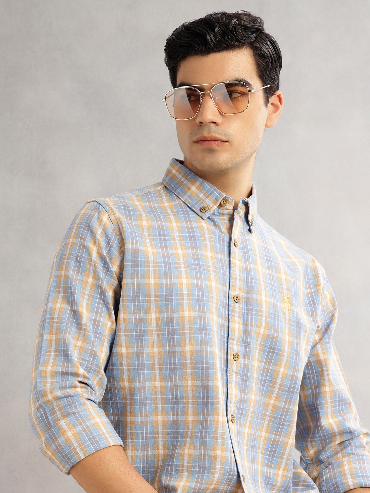 Thomas Scott Men Blue Cricket Club Slim Fit Long Sleeves Button-Down Collar Graphic Checks Cotton Linen Casual Shirt