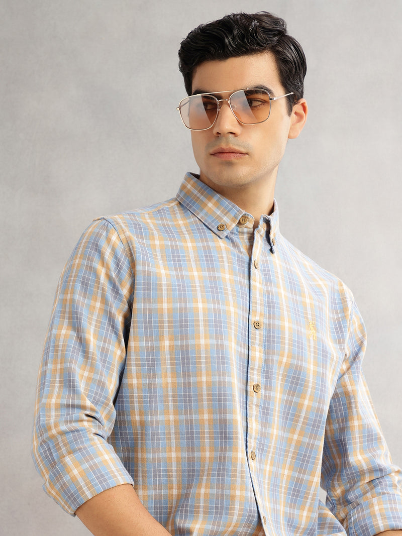 Thomas Scott Men Blue Cricket Club Slim Fit Long Sleeves Button-Down Collar Graphic Checks Cotton Linen Casual Shirt