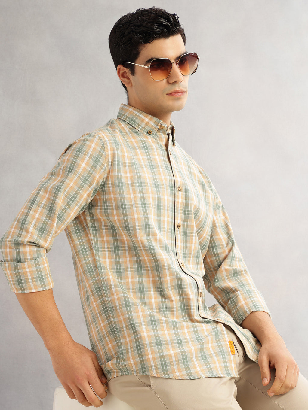 Thomas Scott Men Green Cricket Club Slim Fit Long Sleeves Button-Down Collar Graphic Checks Cotton Linen Casual Shirt