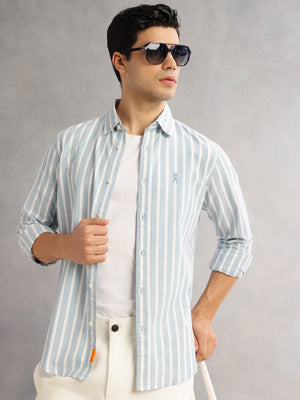 Thomas Scott Men Blue Cricket Club Slim Fit Long Sleeves Button-Down Collar Vertical Stripes Cotton Linen Casual Shirt