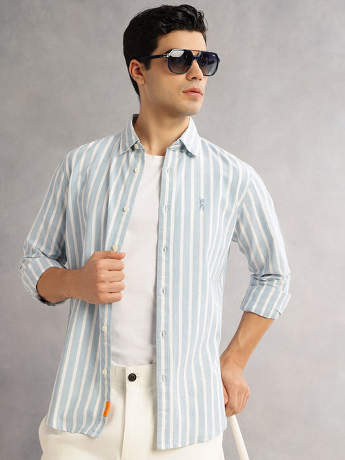 Thomas Scott Men Blue Cricket Club Slim Fit Long Sleeves Button-Down Collar Vertical Stripes Cotton Linen Casual Shirt