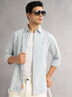 Thomas Scott Men Blue Cricket Club Slim Fit Long Sleeves Button-Down Collar Vertical Stripes Cotton Linen Casual Shirt