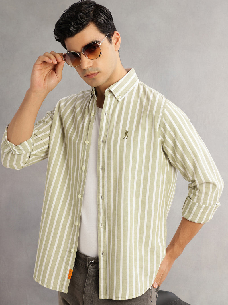 Thomas Scott Men Pista Cricket Club Slim Fit Long Sleeves Button-Down Collar Vertical Stripes Cotton Linen Casual Shirt