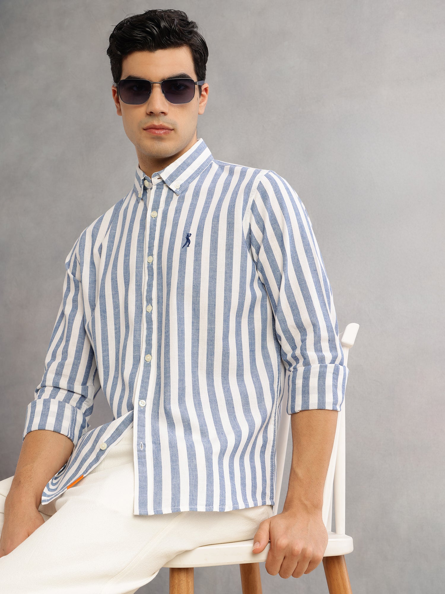 Thomas Scott Men Blue Cricket Club Slim Fit Long Sleeves Button-Down Collar Vertical Stripes Cotton Linen Casual Shirt
