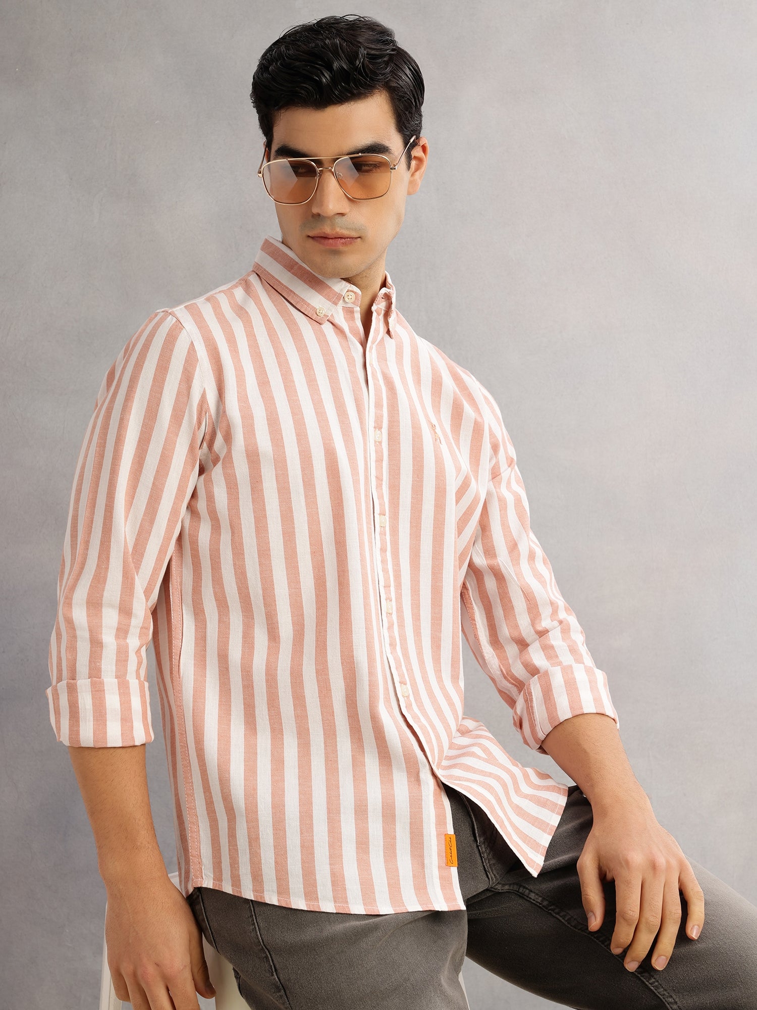 Thomas Scott Men Peach Cricket Club Slim Fit Long Sleeves Button-Down Collar Vertical Stripes Cotton Linen Casual Shirt