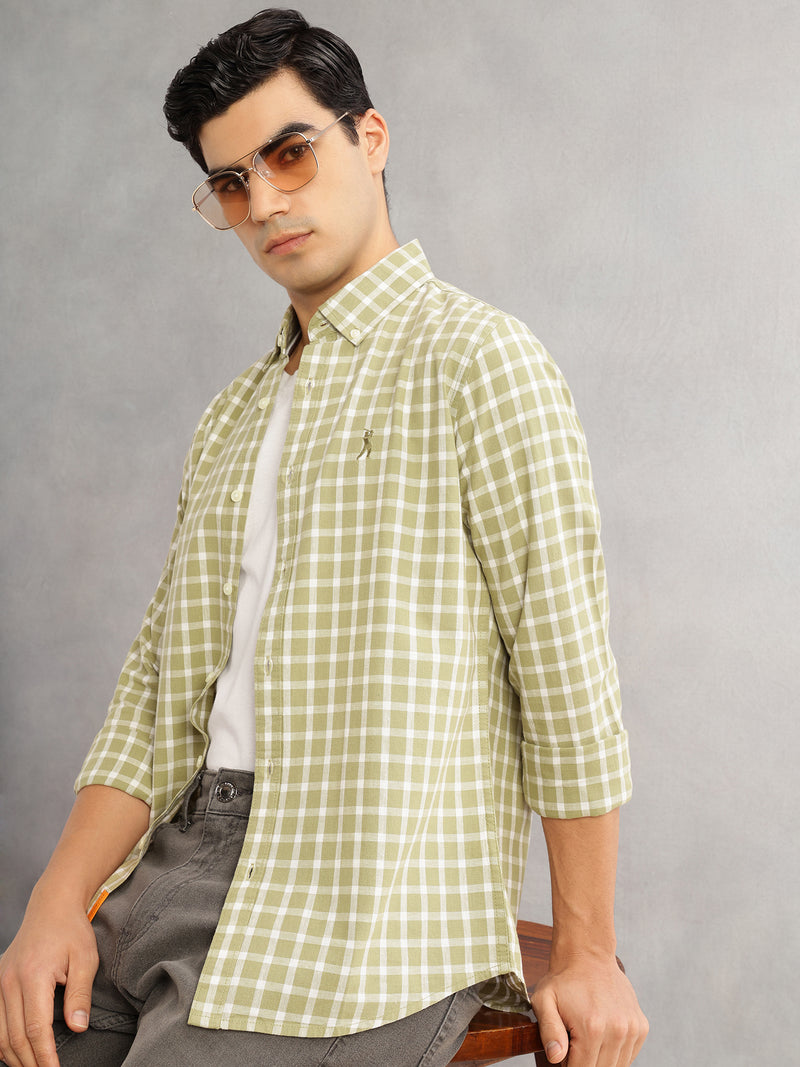 Thomas Scott Men Olive Cricket Club Slim Fit Long Sleeves Button-Down Collar Gingham Checks Cotton Linen Casual Shirt