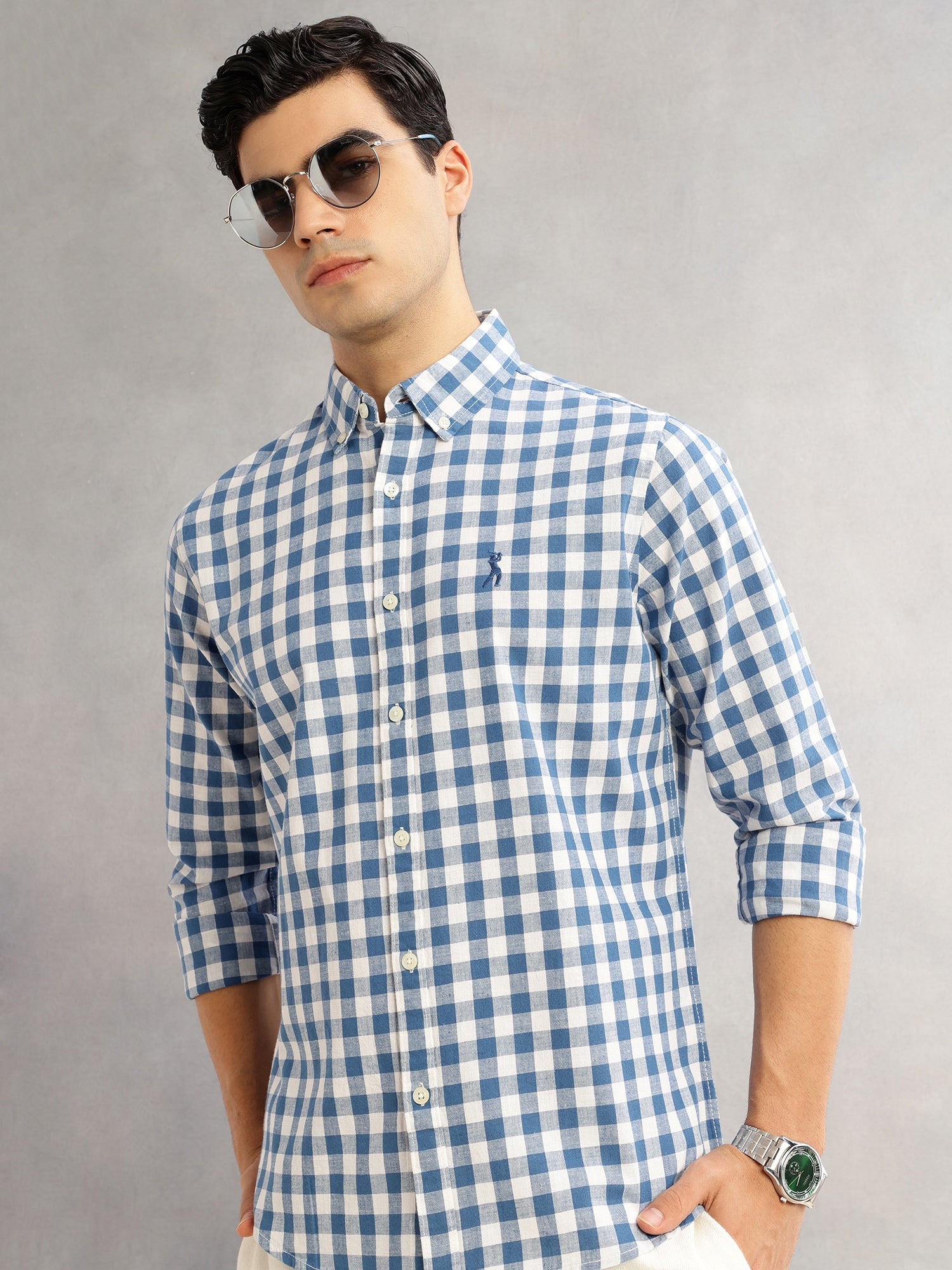 Thomas Scott Men Blue Cricket Club Slim Fit Long Sleeves Button-Down Collar Gingham Checks Cotton Linen Casual Shirt