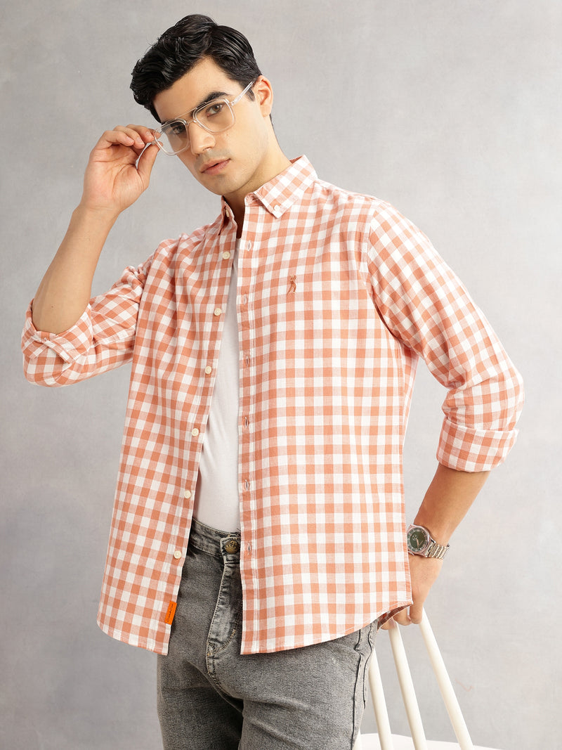 Thomas Scott Men Peach Cricket Club Slim Fit Long Sleeves Button-Down Collar Gingham Checks Cotton Linen Casual Shirt