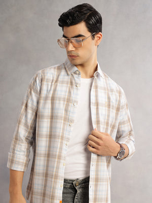 Thomas Scott Men Beige Cricket Club Slim Fit Long Sleeves Button-Down Collar Windowpane Checks 100% Cotton Casual Shirt