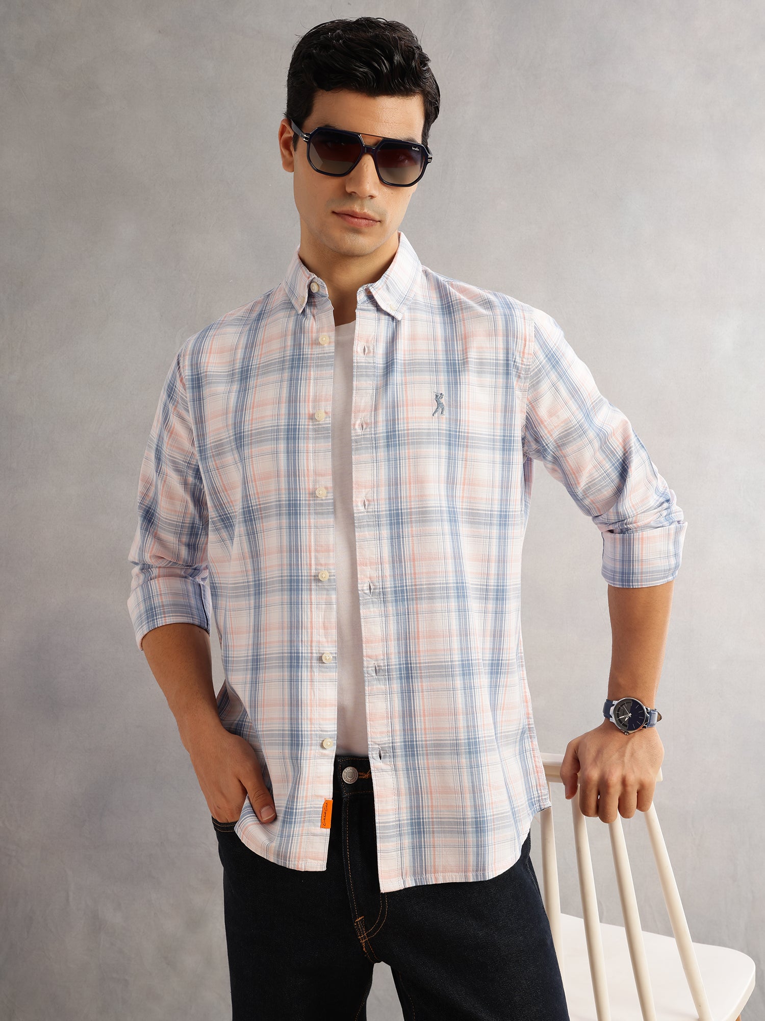 Thomas Scott Men Blue Cricket Club Slim Fit Long Sleeves Button-Down Collar Windowpane Checks 100% Cotton Casual Shirt