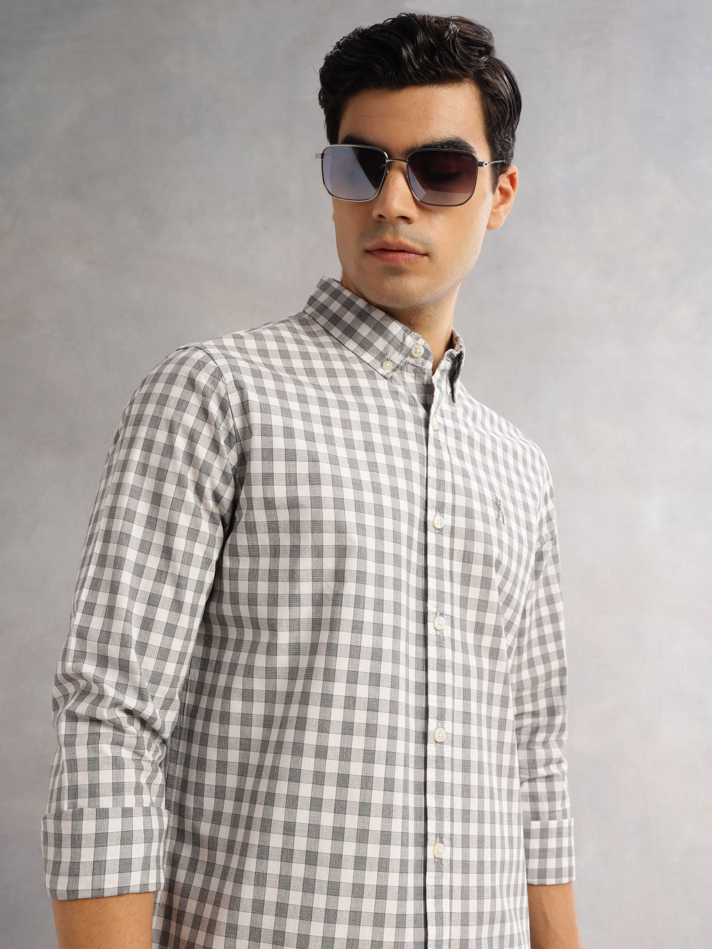 Thomas Scott Men Grey Cricket Club Slim Fit Long Sleeves Button-Down Collar Gingham Checks 100% Cotton Casual Shirt