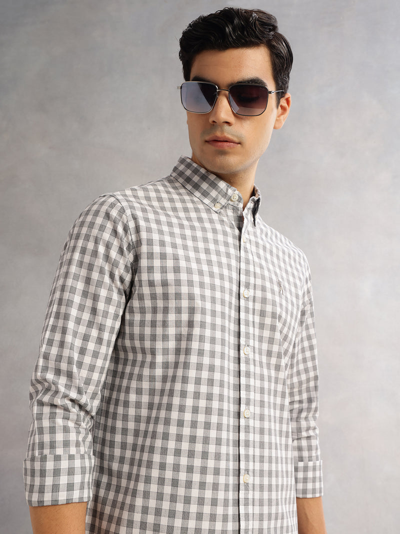 Thomas Scott Men Grey Cricket Club Slim Fit Long Sleeves Button-Down Collar Gingham Checks 100% Cotton Casual Shirt