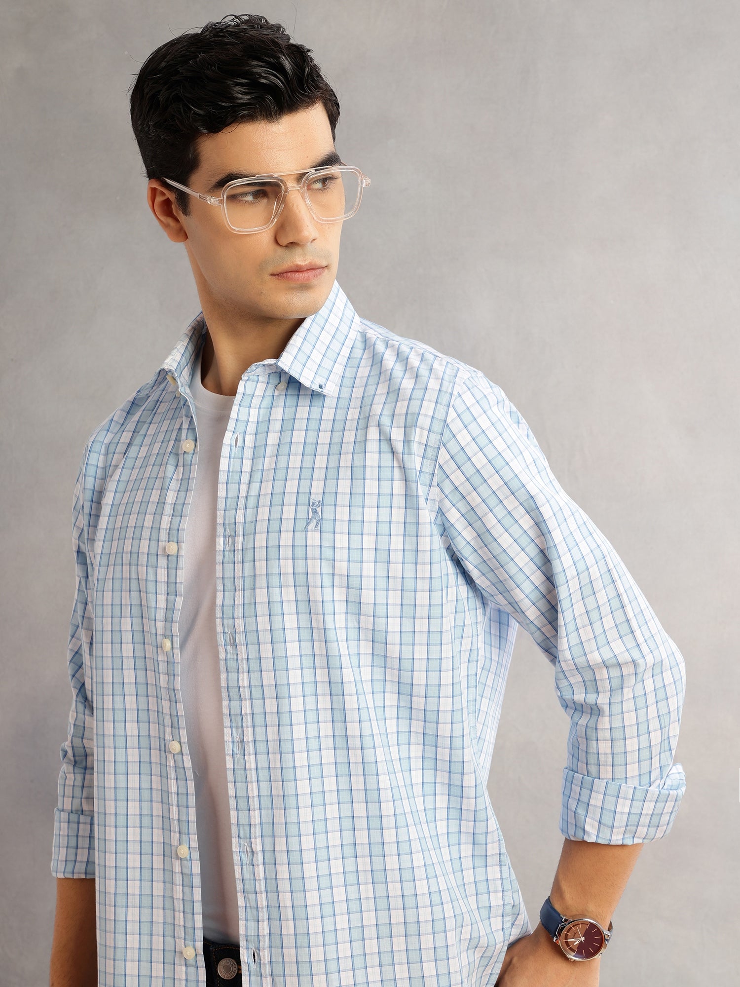 Thomas Scott Men Aqua Cricket Club Slim Fit Long Sleeves Button-Down Collar Gingham Checks 100% Cotton Casual Shirt
