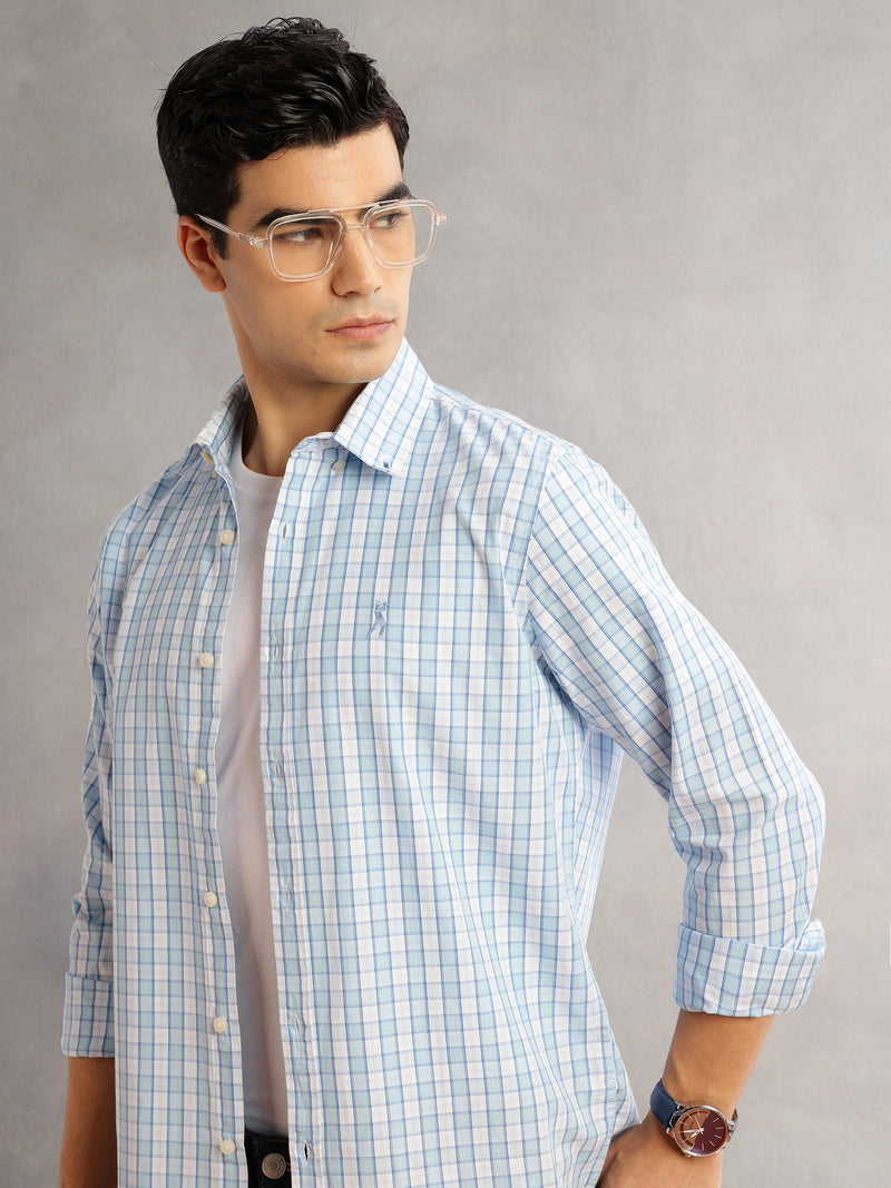 Thomas Scott Men Aqua Cricket Club Slim Fit Long Sleeves Button-Down Collar Gingham Checks 100% Cotton Casual Shirt