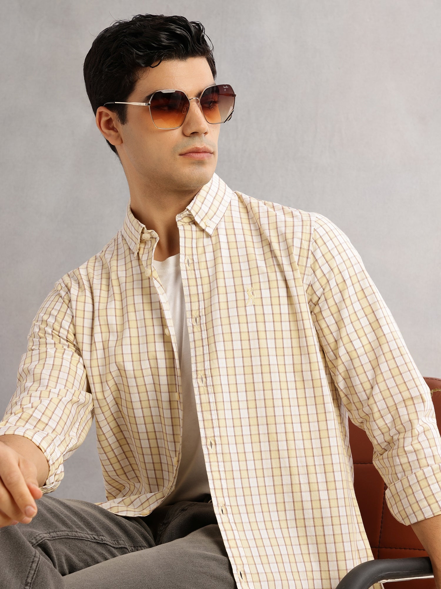 Thomas Scott Men Mustard Cricket Club Slim Fit Long Sleeves Button-Down Collar Gingham Checks 100% Cotton Casual Shirt