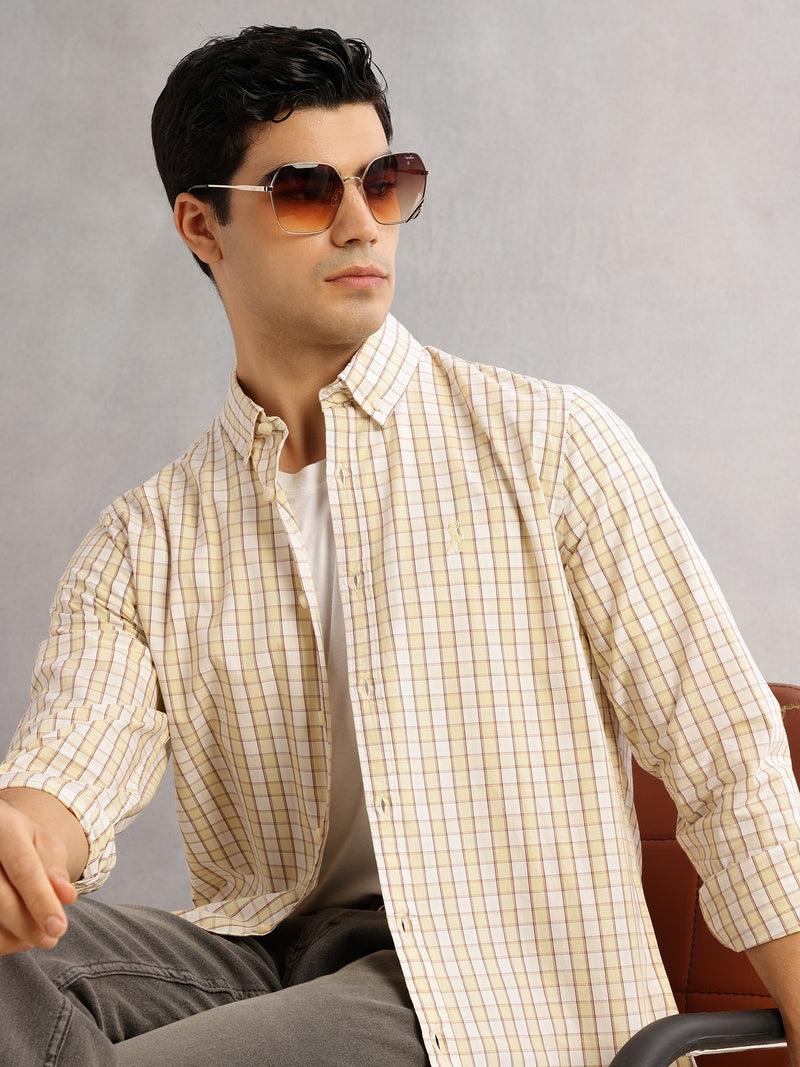 Thomas Scott Men Mustard Cricket Club Slim Fit Long Sleeves Button-Down Collar Gingham Checks 100% Cotton Casual Shirt