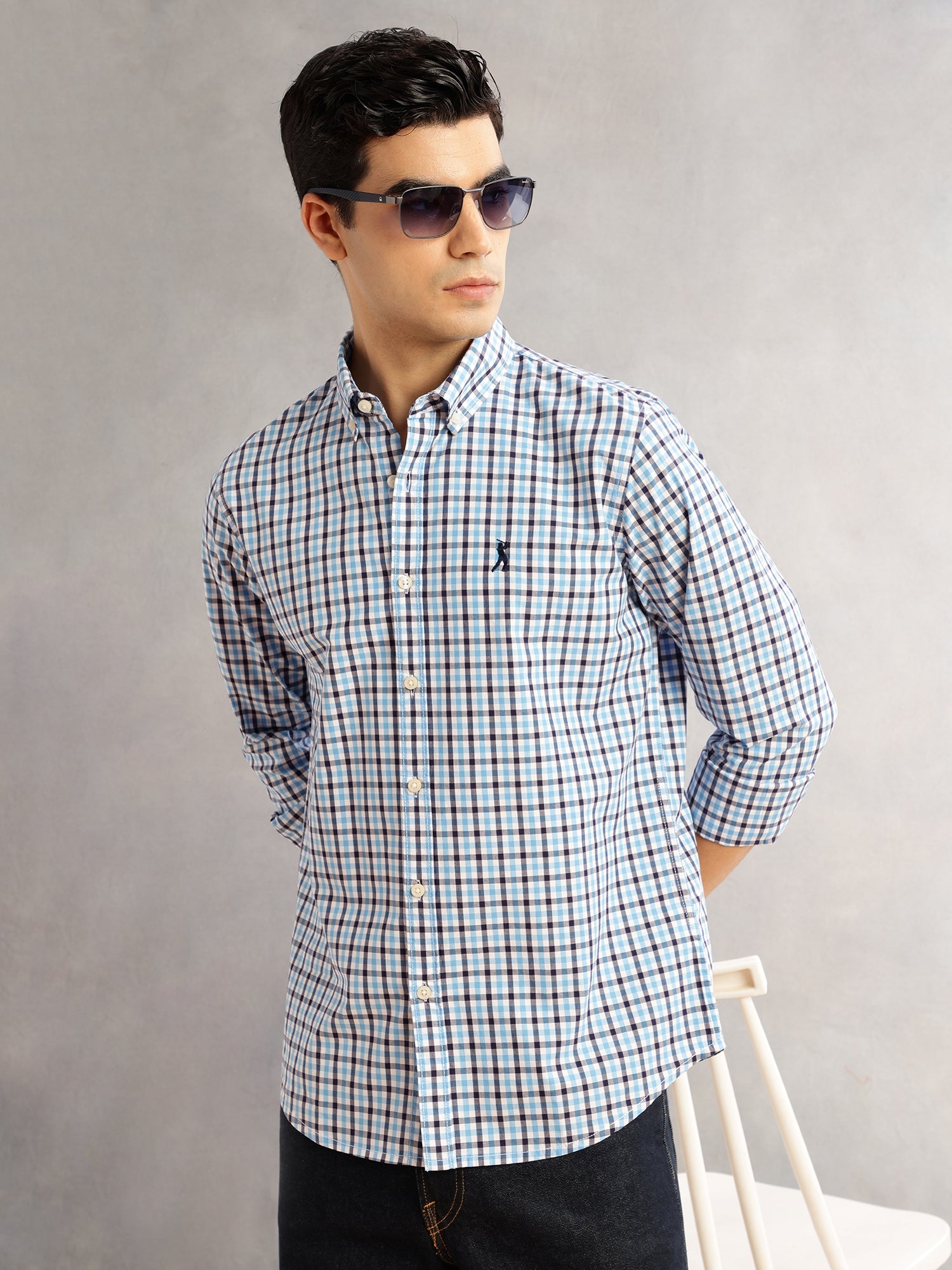 Thomas Scott Men Blue Cricket Club Slim Fit Long Sleeves Button-Down Collar Tartan Checks 100% Cotton Casual Shirt
