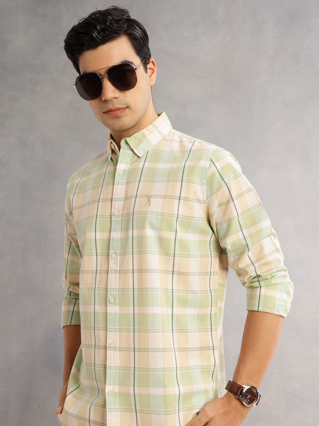 Thomas Scott Men Green Cricket Club Slim Fit Long Sleeves Button-Down Collar Grid Tattersall Checks Casual Shirt