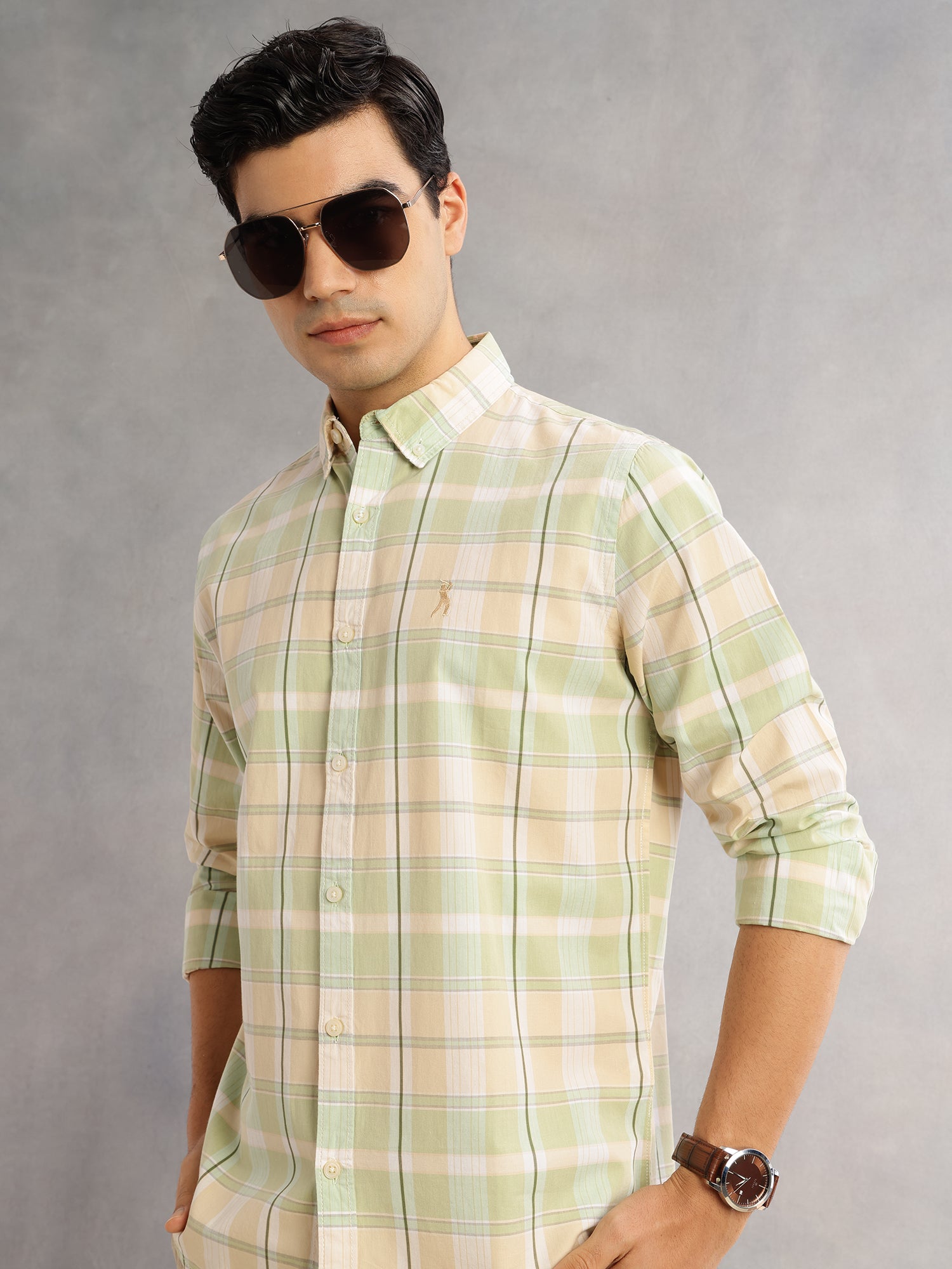 Thomas Scott Men Green Cricket Club Slim Fit Long Sleeves Button-Down Collar Grid Tattersall Checks Casual Shirt