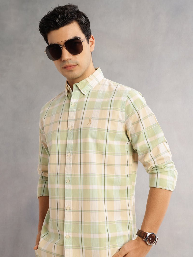 Thomas Scott Men Green Cricket Club Slim Fit Long Sleeves Button-Down Collar Grid Tattersall Checks Casual Shirt
