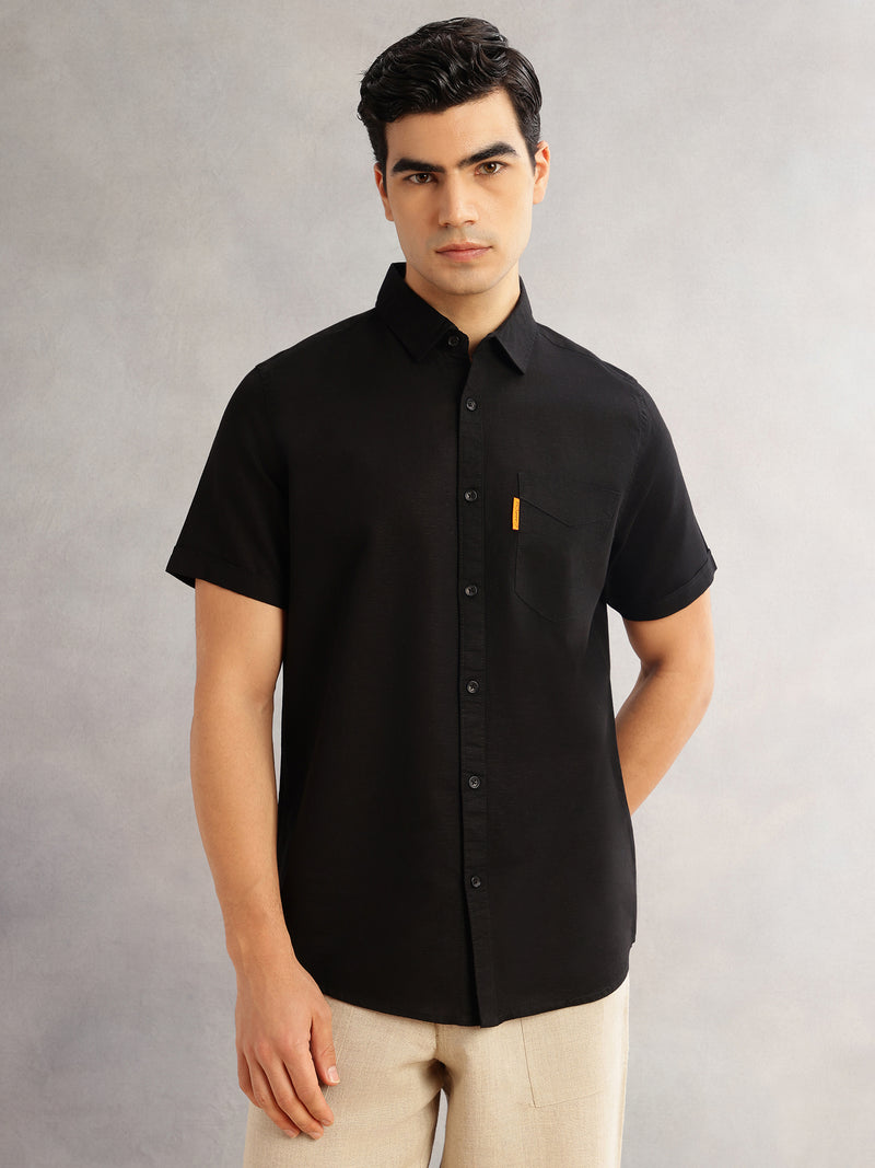Thomas Scott Men Black Cricket Club Regular Fit Short Sleeves Spread Collar Cotton Linen Casual Shirt