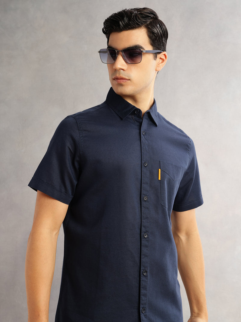 Thomas Scott Men Navy Cricket Club Regular Fit Short Sleeves Spread Collar Cotton Linen Casual Shirt