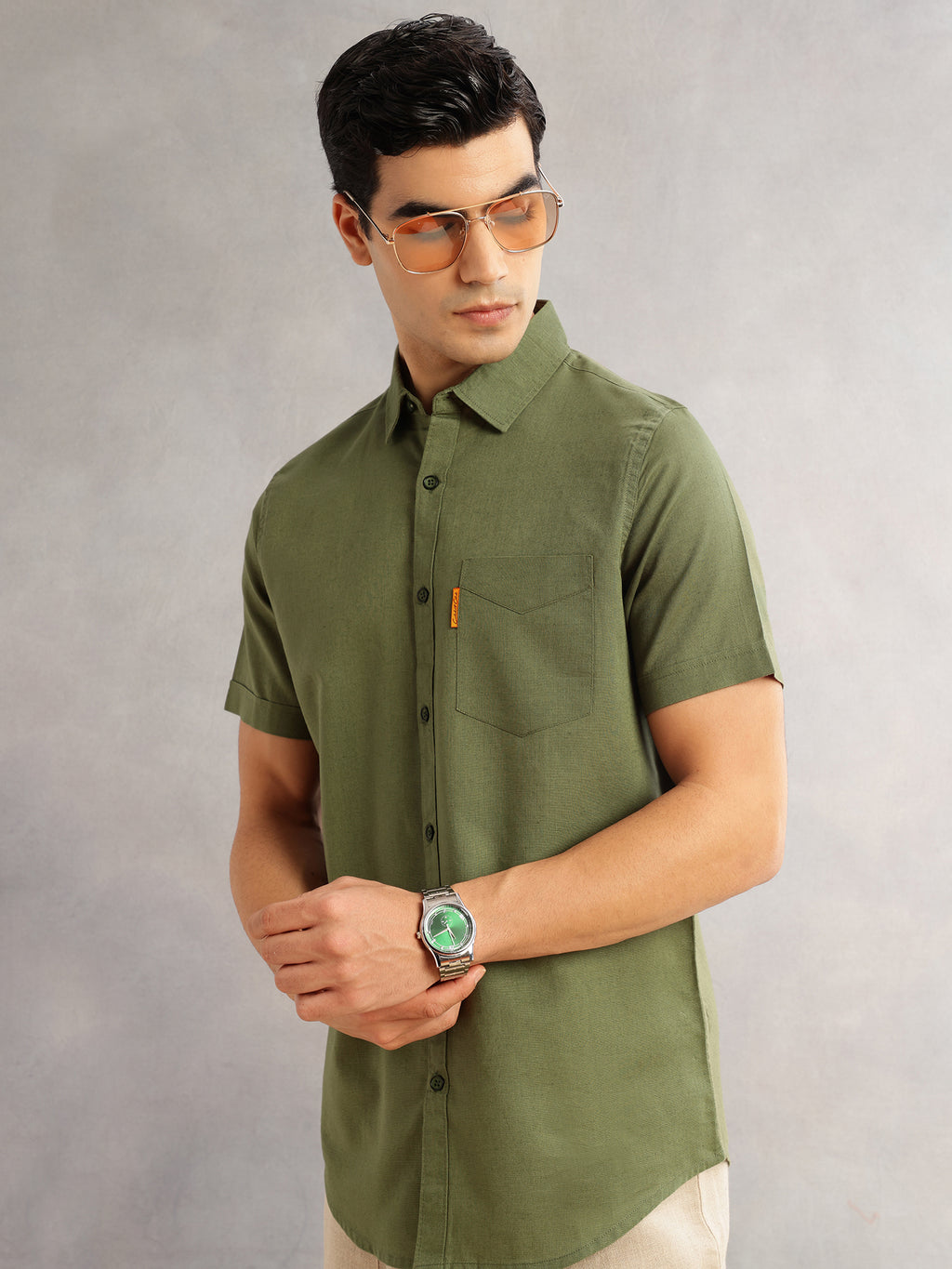 Thomas Scott Men Olive Cricket Club Regular Fit Short Sleeves Spread Collar Cotton Linen Casual Shirt