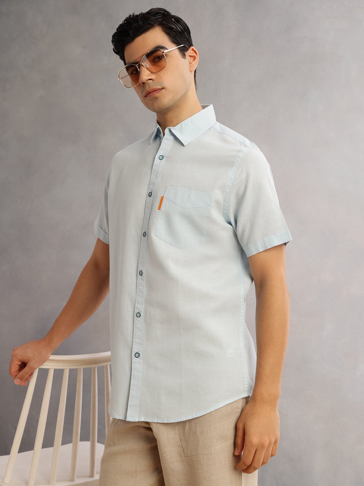 Thomas Scott Men SkyBlue Cricket Club Regular Fit Short Sleeves Spread Collar Cotton Linen Casual Shirt