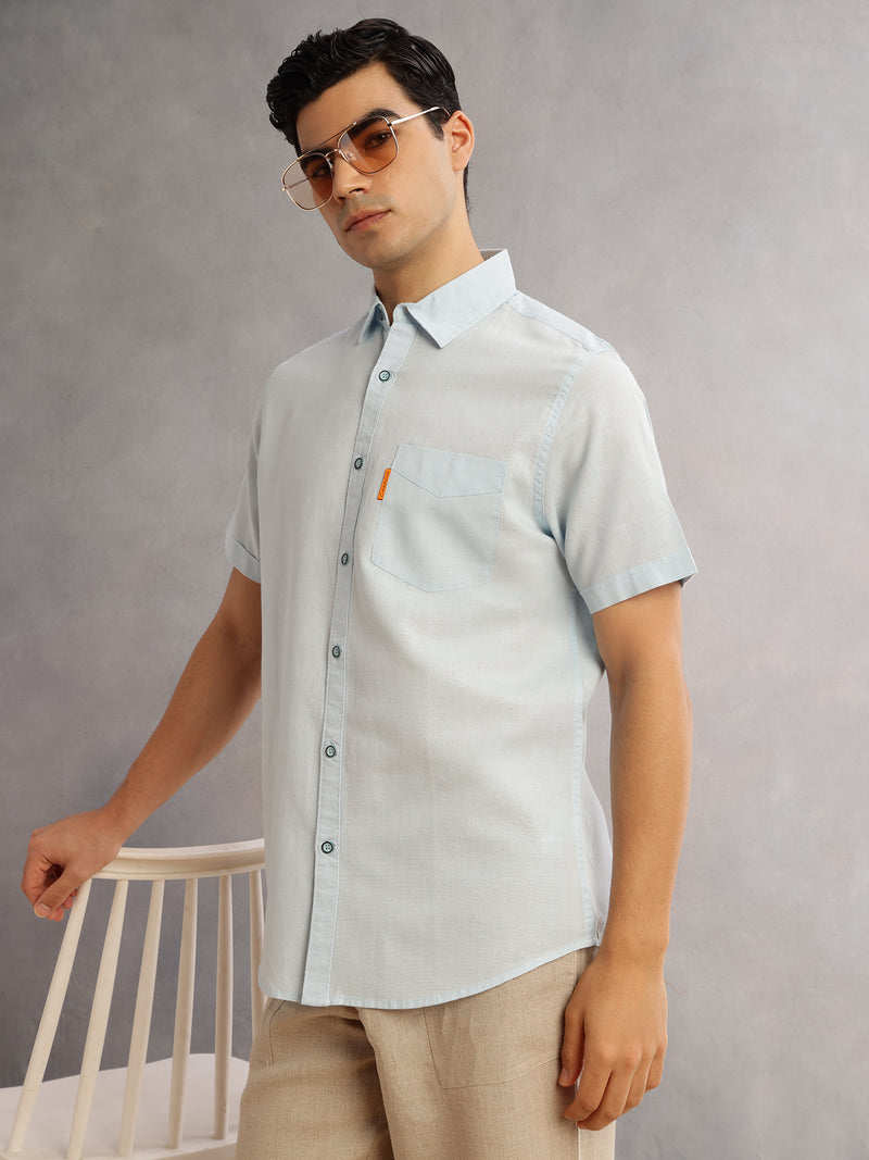 Thomas Scott Men SkyBlue Cricket Club Regular Fit Short Sleeves Spread Collar Cotton Linen Casual Shirt