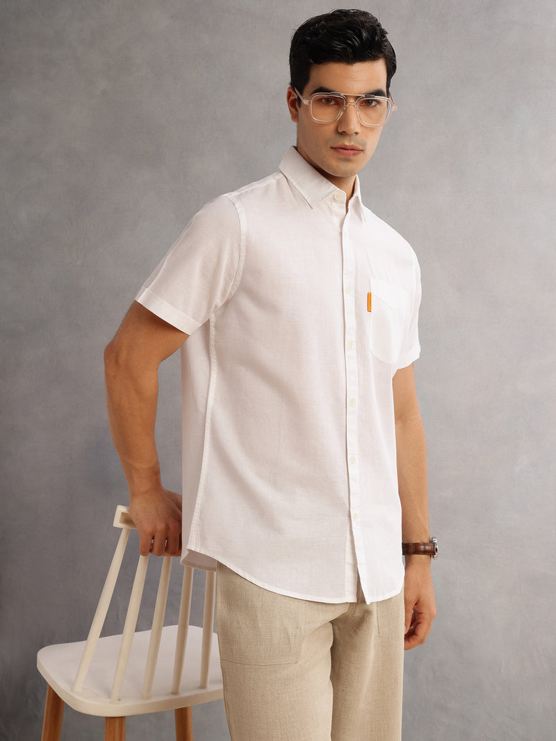 Thomas Scott Men White Cricket Club Regular Fit Short Sleeves Spread Collar Cotton Linen Casual Shirt