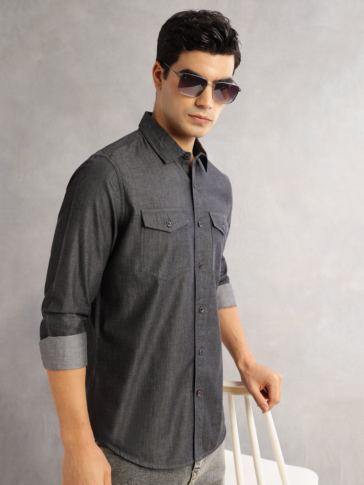 Thomas Scott Men Black Slim Fit Long Sleeves Spread Collar Chambray 100% Cotton Casual Shirt