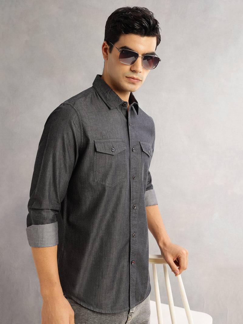 Thomas Scott Men Black Slim Fit Long Sleeves Spread Collar Chambray 100% Cotton Casual Shirt