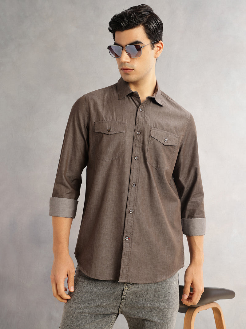 Thomas Scott Men Brown Slim Fit Long Sleeves Spread Collar Chambray 100% Cotton Casual Shirt